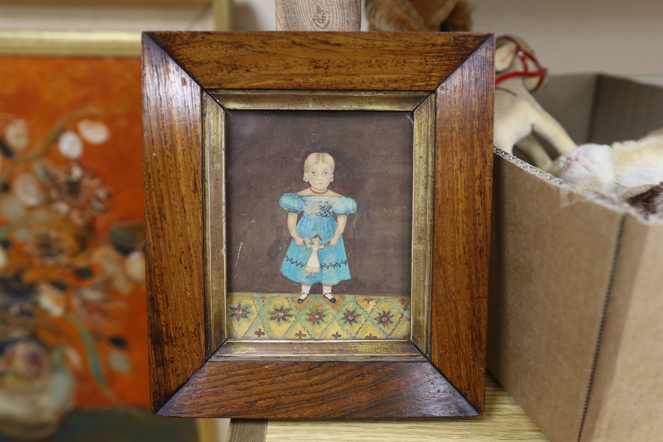 Victorian School, watercolour, Portrait of a girl holding a doll, 12 x 9.75cm